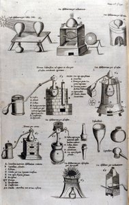 Alchimia: tavola che rappresenta diversi modelli di apparecchi di distillazione e alambicchi. Athanase Kircher (1602-1680), gesuita tedesco. Incisione del XVII secolo da Unknown artist