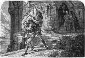 Alessandro, re e bastardo di Borbone, fu cucito in un sacco e gettato nella Senna per sostituirlo con il delfino, il futuro Luigi XI. Incisione del XIX secolo da Unknown artist