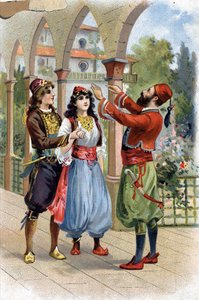 Ali Baba. (Ali-Baba) (Le Mille e una Notte): per ricompensare Morgiane, Ali Baba la dà in sposa a suo figlio. Cromolitografia del XIX secolo da Unknown artist