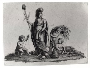 Allegoria della Repubblica Cisalpina creata da Napoleone Bonaparte il 27/06/1797 sul modello francese in Italia, che divenne la Repubblica Italiana nel 1802. Sono rappresentati i simboli della Repubblica Francese. Incisione Museo del Risorgimento, Milano da Unknown artist