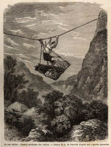 Un traghetto aereo, percorso sopra le valli, una sorta di cesto di corda è sospeso a una fune, per il trasporto di uomini e materiali, il suo spostamento avviene con la forza delle braccia, tirando la fune di sospensione. Incisione per illustrare il viaggi da Unknown artist