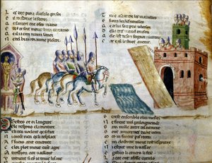 Un esercito si avvicina a un castello. Miniatura del Roman de Troie di Benoit de Sainte Maure. XIV secolo, Biblioteca Marciana, Venezia da Unknown artist