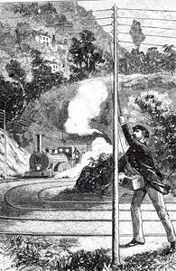 Incisione raffigurante un lavoratore ferroviario che invia un segnale di emergenza su un telegrafo ferroviario da Unknown artist