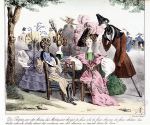 Una Descrizione Ironica della Moda Borghese del XIX Secolo: "Bambole su Sedie, Modelli Carichi di Colletti Finti, Cavalli Finti, Attrazioni Finte; Abiti Ridicoli Sparsi su Carri, su Cavalli o Trascinati nel Fango." In "La silhouette", giornale satirico da Unknown artist