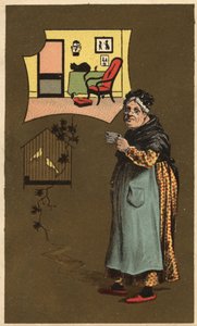 Una vecchia che tiene una tazza vicino a una gabbia con uccelli. Cromolitografia anonima, fine XIX secolo. da Unknown artist