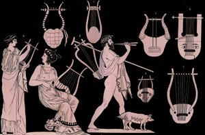 Strumento musicale greco antico: Lira e Cithara - incisione da “Usi e Costumi di Tutti i Popoli dell