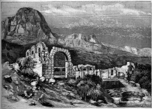Architettura antica: rovine del tempio romano di Zaghouan (Tunisia). Incisione di Riugel in "Il Mondo Illustre" n.1308 del 22 aprile 1882 da Unknown artist