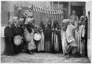 Usanza araba in Egitto: Corteo nuziale al Cairo. Incisione in "Le Monde Illustré" da Unknown artist