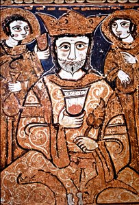 Ritratto in stile arabo-normanno di Ruggero II di Sicilia (1095-1154) circondato da alti dignitari. Dipinto su legno del 12° secolo. Palermo, Cappella Palatina del Palazzo Reale, Sicilia, Italia da Unknown artist