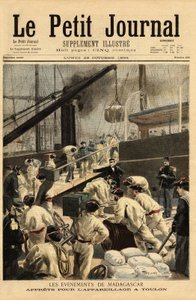 Armamenti a Tolone degli incrociatori Dupetit-Thouars e Laperouse, e imbarco di 15.000 truppe, per una spedizione in Madagascar, per decisione di Theophile Delcasse (1852-1923) ministro coloniale. Incisione in “Le petit journal” 29/10/1894. Collezione Selv