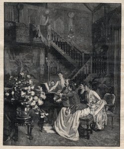 Intorno a uno spartito - Jules Massenet (1842-1912), compositore francese, che suona con amici "Le portrait de Manon" - Incisione in "Le Progres illustré" del 1895 da Unknown artist