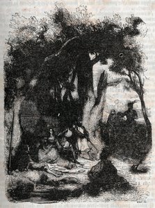 Arrivo di Rodomonte e Mandricardo alla fontana di Merlino - incisione del 1851 da "Orlando furioso" (XVI secolo) di Ludovico Ariosto, noto come l