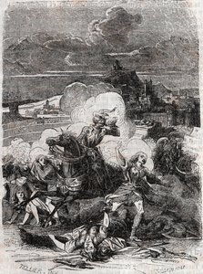 Astolfo fa fuggire le donne omicide - incisione del 1851 da "Orlando furioso" (XVI secolo) di Ludovico Ariosto, edizione tradotta dall