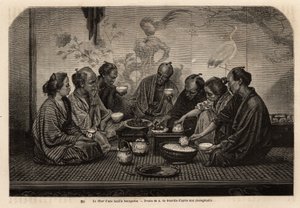 Alla cena di una famiglia borghese, gli uomini si riuniscono su un tatami, intorno a piccoli tavolini da caffè, mangiano riso in una ciotola individuale e servono carne e verdure in un piatto comune, mentre bevono tè, due donne servono il servizio. Incisio da Unknown artist