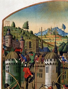Attacco al castello di Filippo Augusto con vista su Parigi e le forche di Montfaucon durante la guerra dei cent