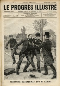Attentato a Fernand Labori (1860-1917), avvocato nella difesa di Alfred Dreyfus (1859-1935), colpito da un proiettile alla schiena a Rennes mentre si recava al luogo dove si giudicava il caso. Copertina di “The Progres Illustré” di agosto 1899 (incisione)