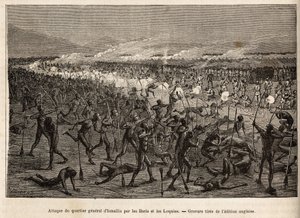 Attacco al quartier generale di Ismailia (Egitto), da parte di una coalizione di baris e loquias armati di arco e freccia, la spedizione di Sir Baker risponde con fucili e respinge gli attaccanti, incisione illustrante una spedizione armata in Africa centr da Unknown artist