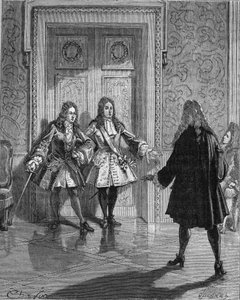 Agosto 1718: Saint Simon (Louis de Rouvroy, Duca di) (1675-1755) blocca il passaggio al Duca del Maine (Louis Auguste di Borbone) (1670-1736). Incisione del XIX secolo. In "Histoire de France" di Jules Michelet