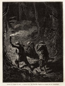 Ritorno dalla caccia di notte, la preda, un orso, è legata e sospesa a un ramo che i cacciatori portano sulla spalla. Incisione per illustrare la storia Quatre mois en Florida, di M. Pousselgue, nel 1851-1852, pubblicato in "le tour du monde", sotto da Unknown artist