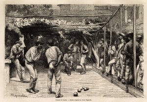 Giocatori di palla a Roma (Italia). Incisione per illustrare il viaggio a Roma, di Francis Wey, nel 1864-1868, pubblicato in “Le tour du monde, nouveau journal des voyages”, sotto la direzione di Edouard Charton