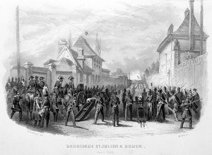 Barricata Saint Julien a Rouen, aprile 1848 - in "Fasttes de Gardes nationales de France" da Unknown artist