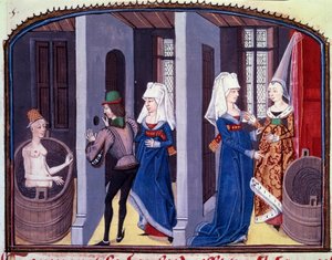Scena del bagno. Un voyeur spia attraverso un buco nel muro una donna nuda che fa il suo bagno. I personaggi sono il conte Lisiard de Forez e la giovane donna Euriant da Unknown artist
