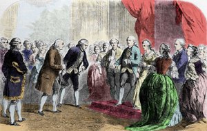 Benjamin Franklin (1706-1790), filosofo, fisico e ambasciatore americano ricevuto dal Re di Francia Luigi XVI, 6 febbraio