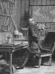 Benjamin Franklin nel suo laboratorio di fisica a Filadelfia. In “Album de la Science”, Éditions Jouvet. da Unknown artist