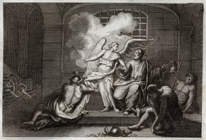 Bibbia di Royaumont, Nuovo Testamento: San Pietro liberato dalla prigione. San Pietro viene liberato dalla prigione di notte da un angelo. Illustrazione del 1811 da Unknown artist