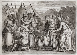 Bibbia di Royaumont, Antico Testamento: Abramo salva Lot. Il Sommo Sacerdote Melchisedec benedice. Il re di Sodoma gli offre... da Unknown artist