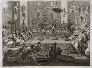 Bibbia di Royaumont, Antico Testamento: Baldassarre condanna. Il re Baldassarre (Belshatsar) a tavola vede una mano che in tre parole scrive la fine della sua sentenza. Illustrazione del 1811. da Unknown artist