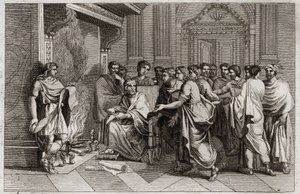 Bibbia di Royaumont, Antico Testamento: Baruch profeta. Il re Joachim taglia il rotolo contenente le profezie di Geremia trascritte dal suo discepolo Baruch e lo getta nel fuoco. Illustrazione del 1811.