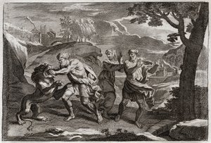 Bibbia di Royaumont, Antico Testamento: Nascita di Sansone. Sansone squarcia un leone. Illustrazione del 1811. da Unknown artist