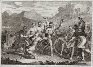 Bibbia di Royaumont, Antico Testamento: Lapidazione del bestemmiatore. Dio fa lapidare un bestemmiatore del suo santo nome e un altro che ha violato il santo Shabbat raccogliendo alcune paglie nel campo. Illustrazione del 1811. da Unknown artist