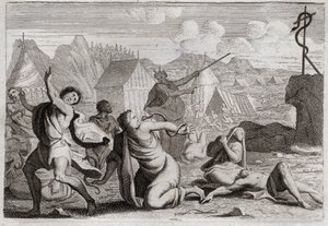 Bibbia di Royaumont, Antico Testamento: Serpente di bronzo. Il popolo mormora contro Dio e contro Mosè, viene punito da serpenti di fuoco; da cui furono guariti da un serpente di bronzo, che Mosè aveva innalzato per essere visto da tutto il popolo. Illustr da Unknown artist