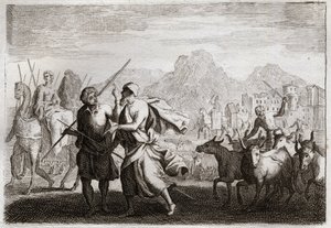 Bibbia di Royaumont, Antico Testamento: Chiamata di Abramo. Dio chiama Abramo e gli ordina di lasciare la terra dei Caldei per venire in una terra che gli ha promesso di dargli. Illustrazione del 1811. da Unknown artist