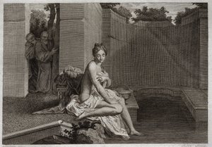 Bibbia di Royaumont, Antico Testamento: Castità di Susanna. Due anziani, giudici del popolo, cercano di corrompere la castità di Susanna, mentre era sola nel suo giardino e faceva il bagno. Illustrazione del 1811. da Unknown artist