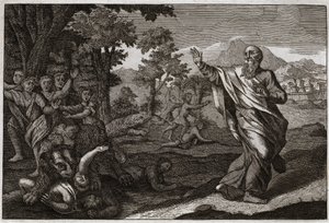 Bibbia di Royaumont, Antico Testamento: Bambini divorati dagli orsi. Bambini che si prendono gioco della calvizie di Eliseo sono sbranati dagli orsi. Illustrazione del 1811.