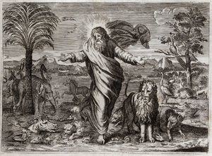 Bibbia di Royaumont, Antico Testamento: Creazione del Mondo. Dio trae il Cielo e la Terra dal nulla, e in sei giorni li adorna e li popola di Creature di ogni tipo. Illustrazione del 1811 da Unknown artist