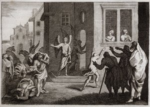 Bibbia di Royaumont, Antico Testamento: Crimini dei Sodomiti. Lot riceve gli angeli nella sua casa. I Sodomiti (Sodoma) vogliono violentarli. Gli angeli li colpiscono accecandoli. Illustrazione del 1811. da Unknown artist