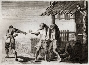 Bibbia di Royaumont, Antico Testamento: Cham maledetto da suo padre (ubriachezza di Noè). Cham, il secondo dei figli di Noè, vede suo padre in una postura indecente, non se ne cura, e viene maledetto. Illustrazione del 1811 da Unknown artist