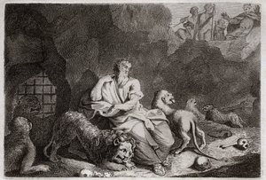 Bibbia di Royaumont, Antico Testamento: Daniele nella fossa dei leoni. Daniele viene messo nella fossa dei leoni e miracolosamente si ubriaca. Illustrazione del 1811. da Unknown artist