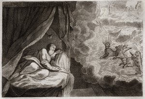 Bibbia di Royaumont, Antico Testamento: Visione di Daniele delle quattro Monarchie degli Assiri, Persiani, Greci e Romani. Vedono quattro mostri: Haniel, Kafziel, Azriel, Aniel. Illustrazione del 1811.