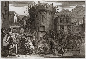 Bibbia di Royaumont, Antico Testamento: Morte di Abimelech. Abimelech viene ucciso da una donna che lo colpisce con una pietra durante l