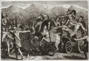 Bibbia di Royaumont, Antico Testamento: Morte di Acab. Acab fa guerra contro la Siria e viene ucciso da una freccia casuale. Illustrazione del 1811. da Unknown artist