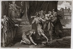 Bibbia di Royaumont, Antico Testamento: Morte di Eleazaro. Il vecchio santo Eleazaro viene ucciso per ordine di Antioco IV Epifane (175-164 a.C.), perché non voleva fingere di mangiare carni proibite. Illustrazione del 1811. da Unknown artist