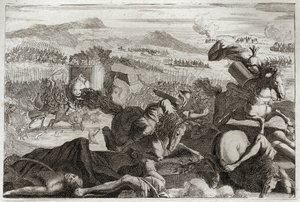 Bibbia di Royaumont, Antico Testamento: Morte di Giuda. Sconfitta di Demetrio I Sotere e Nicanore. Morte di Giuda Maccabeo in battaglia. Illustrazione del 1811. da Unknown artist