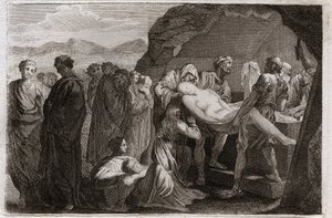 Bibbia di Royaumont, Antico Testamento: Morte di Sara. Sara (Sarah) muore. Abramo per seppellirla compra un sepolcro dalla città di Geth. Illustrazione del 1811