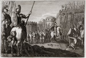 Bibbia di Royaumont, Antico Testamento: Morte di Seba. Seba si ribellò contro Davide e portò via le dieci tribù con sé. Joab lo inseguì ad Abela, dove la sua testa fu tagliata su consiglio di una donna. Illustrazione del 1811.