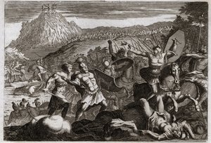 Bibbia di Royaumont, Antico Testamento: Sconfitta di Amalec. Mosè ottiene la vittoria sugli Amaleciti, tenendo le mani alzate verso il cielo. Illustrazione del 1811 da Unknown artist